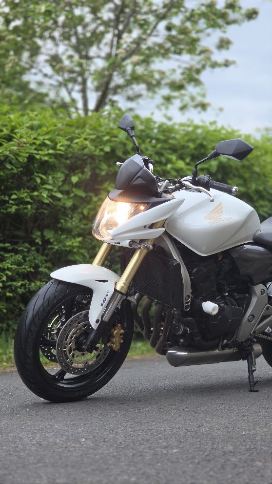 White Honda Hornet 600 — front view with headlight on
